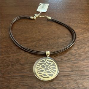 Nine West necklace, five brown leather straps, gold and acrylic pendant 16 inch